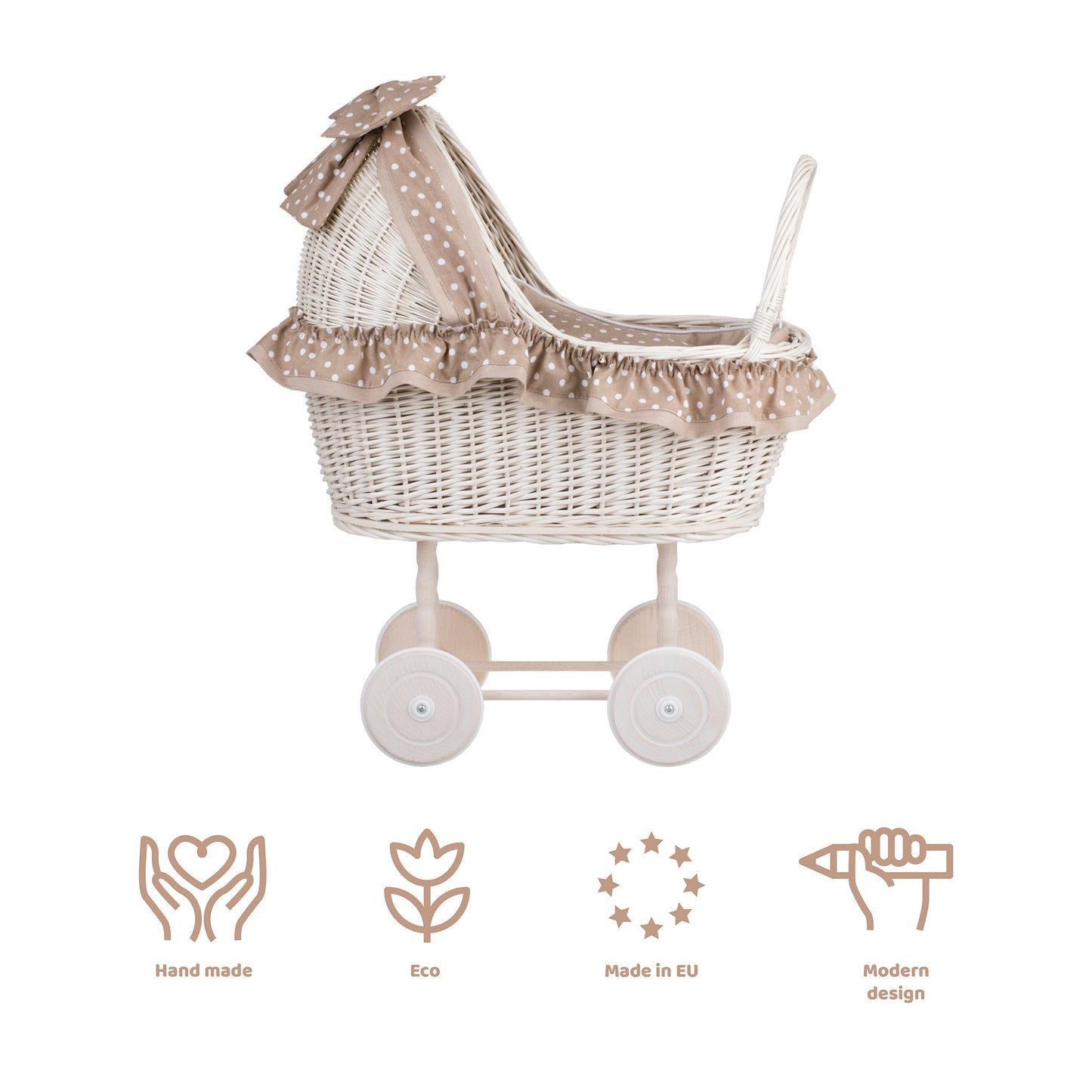 Lulu wiklinowy wózek dla lalek z beżowym obszyciem, kołderką i poduszką TheWickerStories