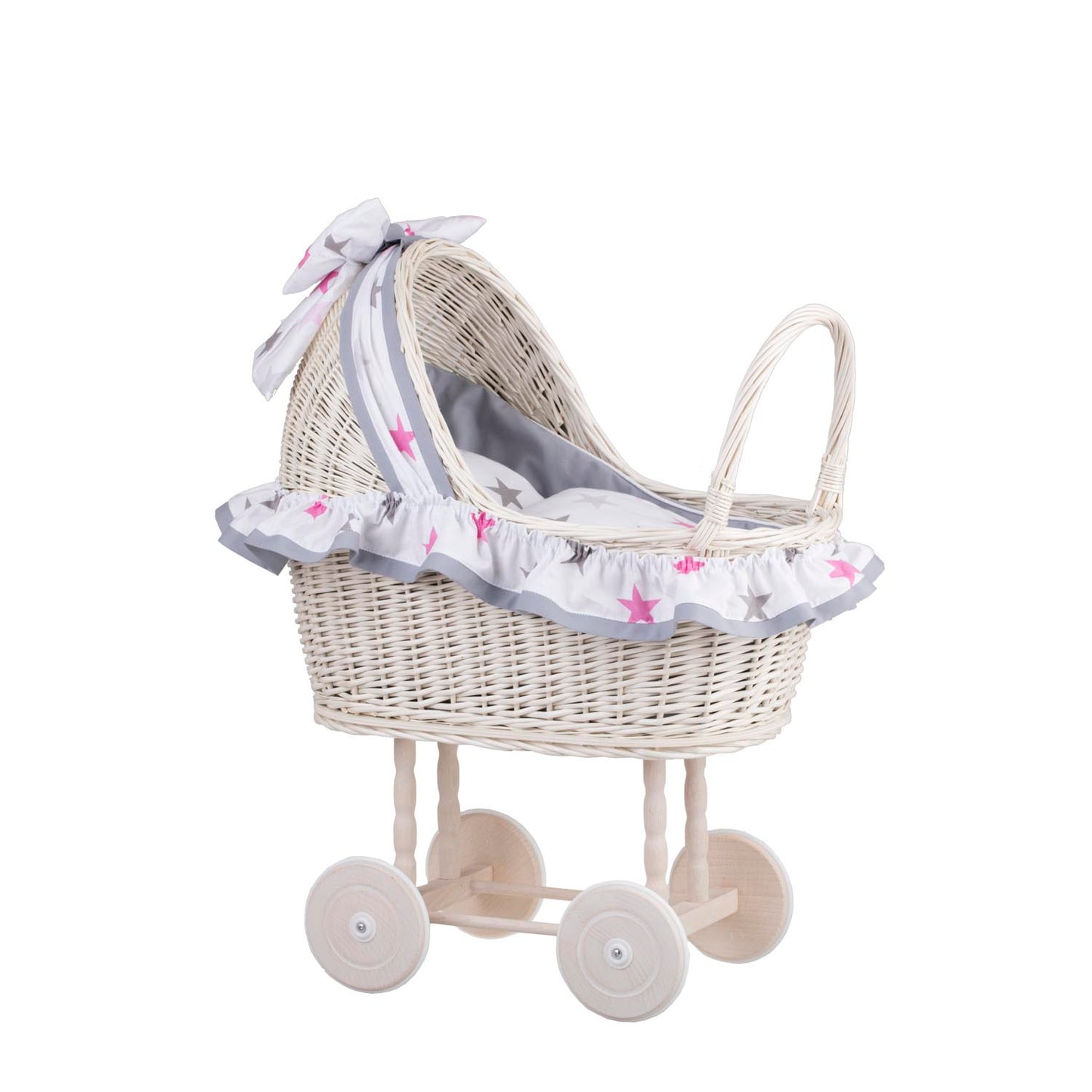 Lulu wiklinowy wózek dla lalek z szarym obszyciem, kołderką i poduszką TheWickerStories