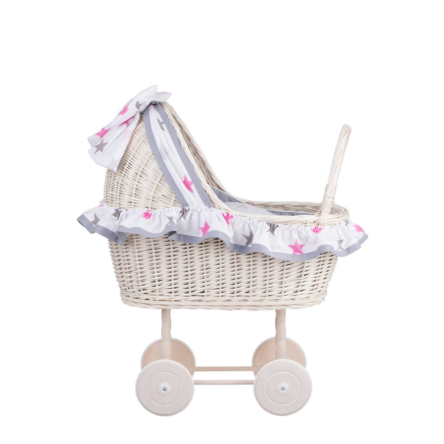 Lulu wiklinowy wózek dla lalek z szarym obszyciem, kołderką i poduszką TheWickerStories