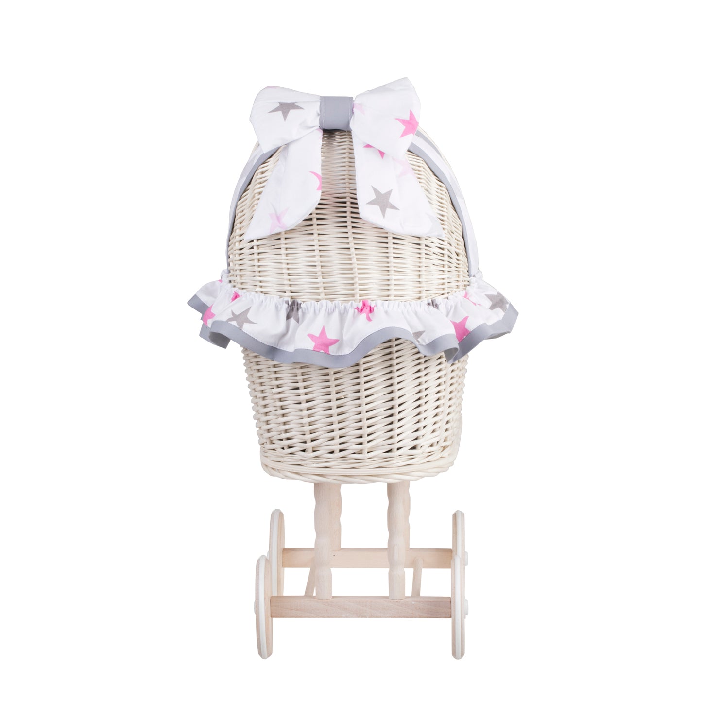 Lulu wiklinowy wózek dla lalek z szarym obszyciem, kołderką i poduszką TheWickerStories