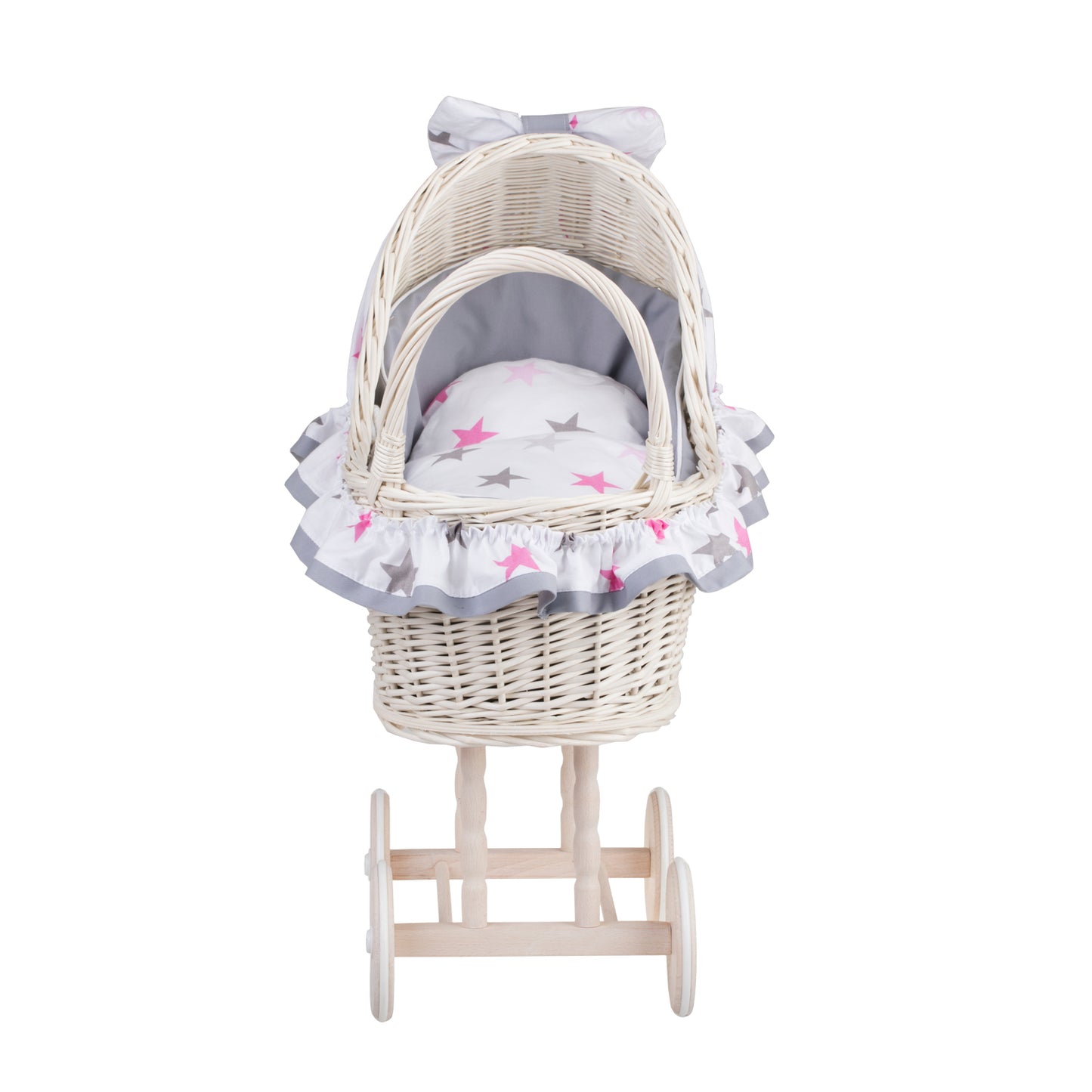 Lulu wiklinowy wózek dla lalek z szarym obszyciem, kołderką i poduszką TheWickerStories