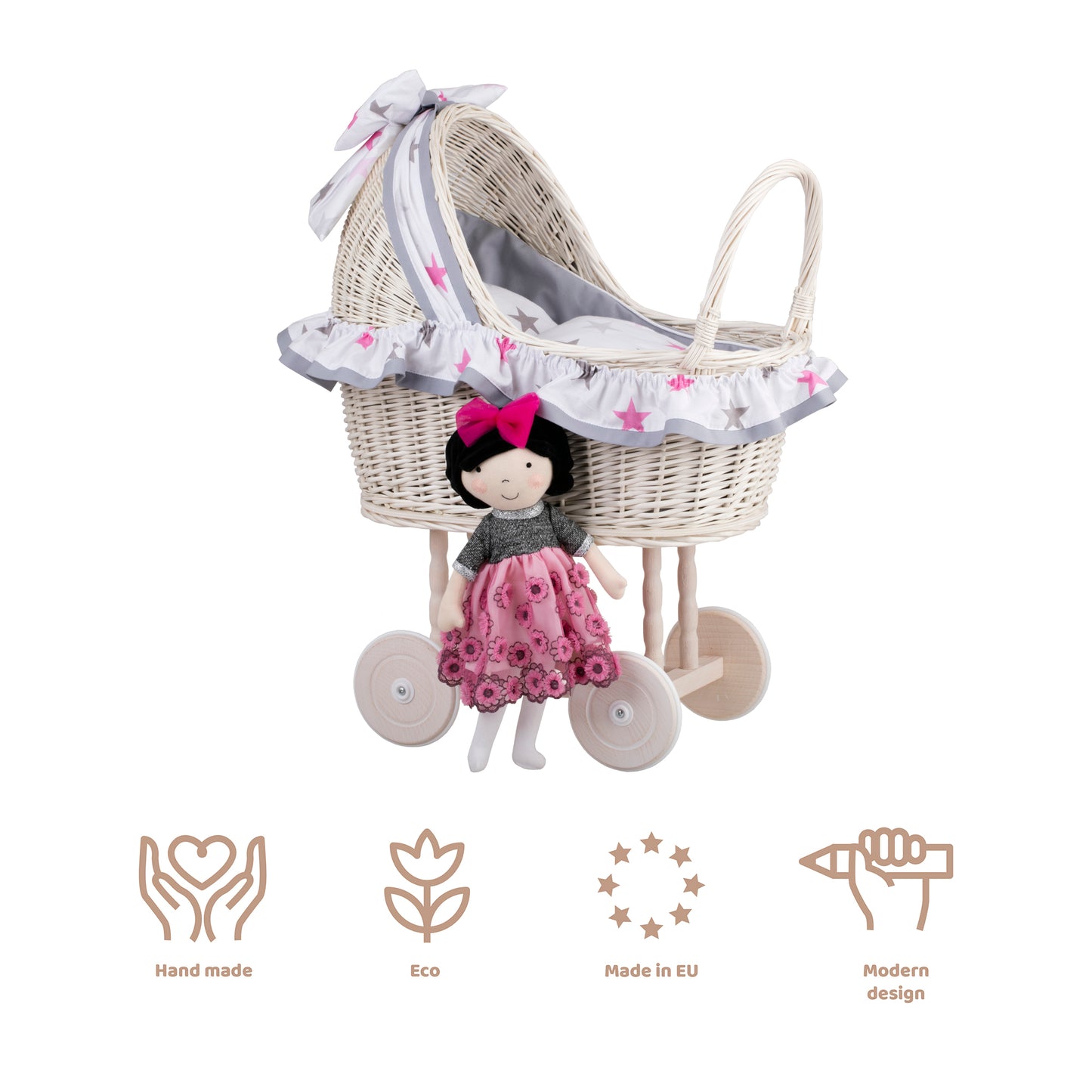 Lulu wiklinowy wózek dla lalek z szarym obszyciem, kołderką i poduszką TheWickerStories