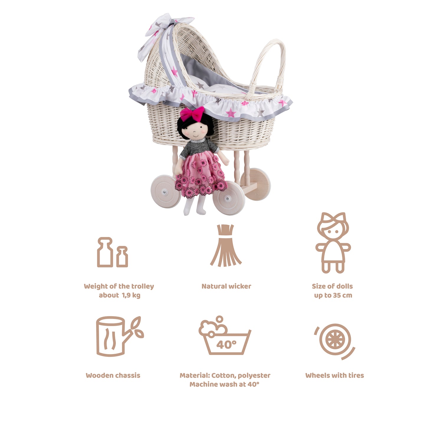 Lulu wiklinowy wózek dla lalek z szarym obszyciem, kołderką i poduszką TheWickerStories