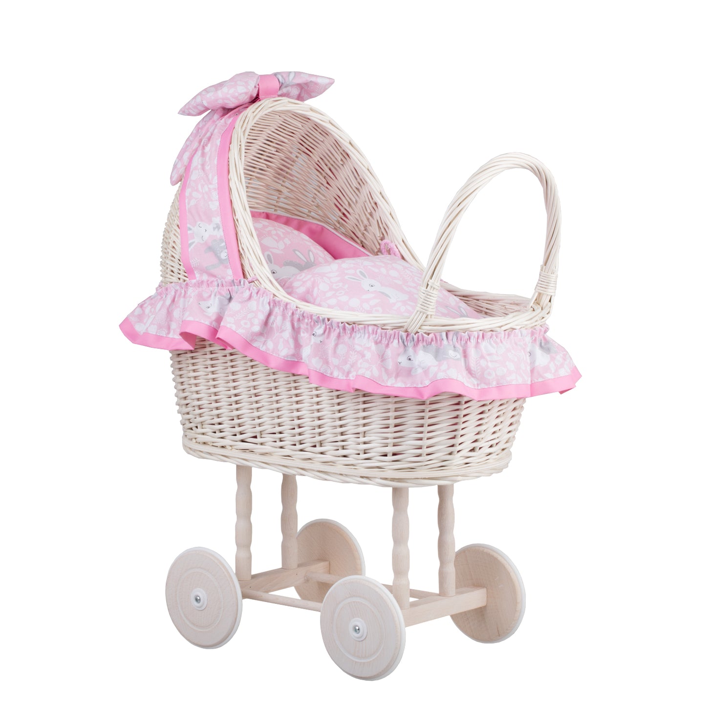 Lulu wiklinowy wózek dla lalek z różowym obszyciem, kołderką i poduszką TheWickerStories