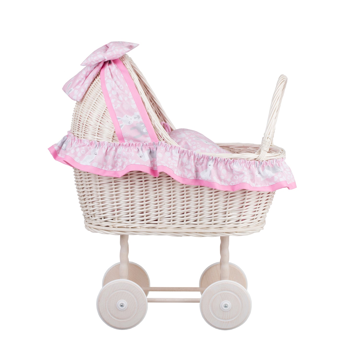 Lulu wiklinowy wózek dla lalek z różowym obszyciem, kołderką i poduszką TheWickerStories