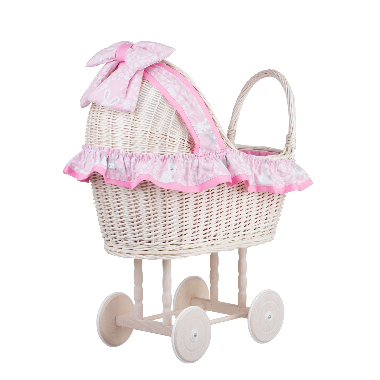 Lulu wiklinowy wózek dla lalek z różowym obszyciem, kołderką i poduszką TheWickerStories