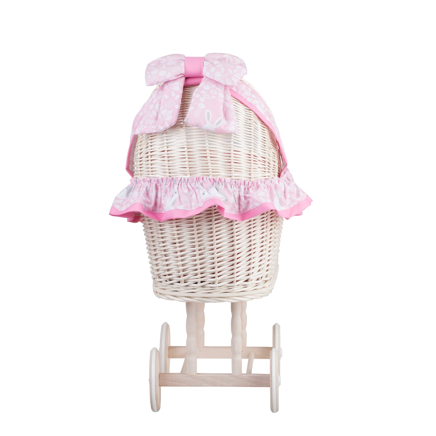 Lulu wiklinowy wózek dla lalek z różowym obszyciem, kołderką i poduszką TheWickerStories
