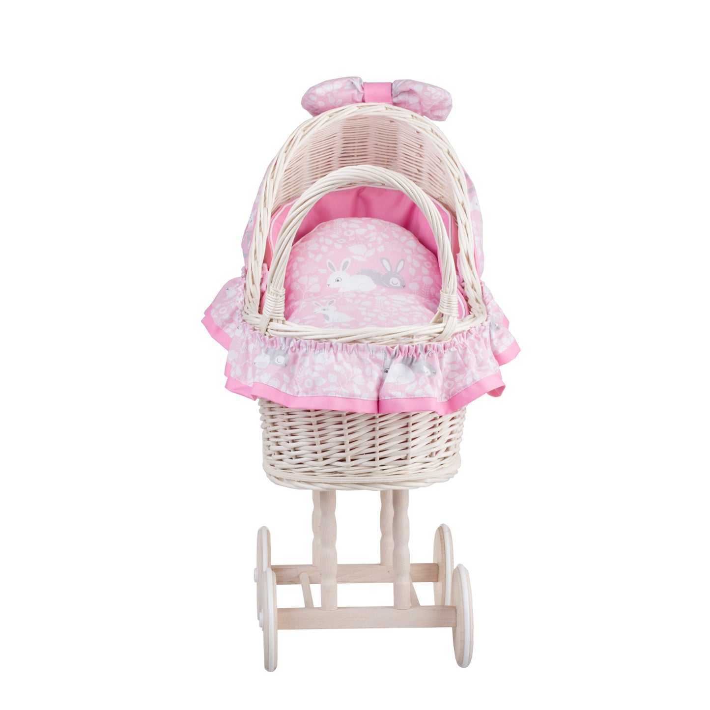 Lulu wiklinowy wózek dla lalek z różowym obszyciem, kołderką i poduszką TheWickerStories