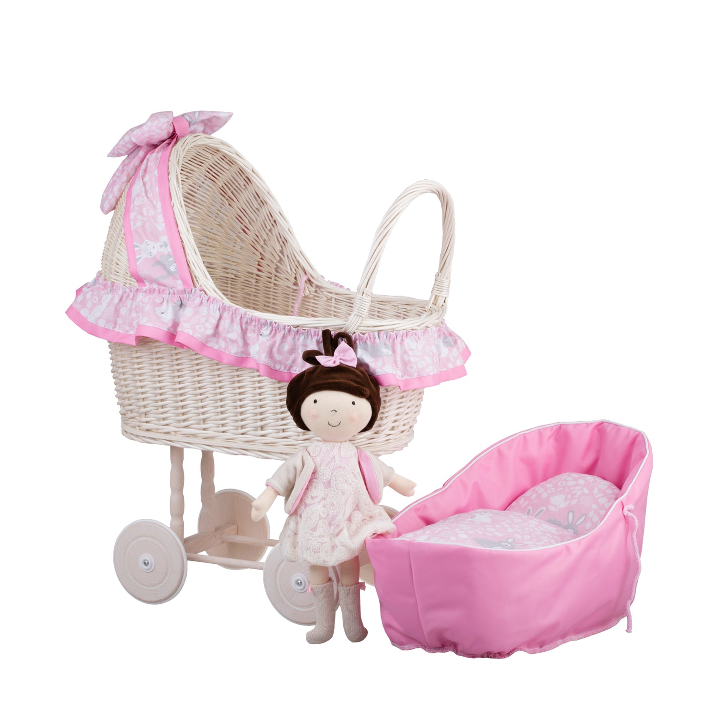 Lulu wiklinowy wózek dla lalek z różowym obszyciem, kołderką i poduszką TheWickerStories