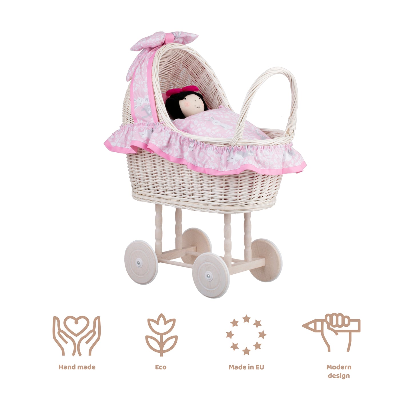 Lulu wiklinowy wózek dla lalek z różowym obszyciem, kołderką i poduszką TheWickerStories