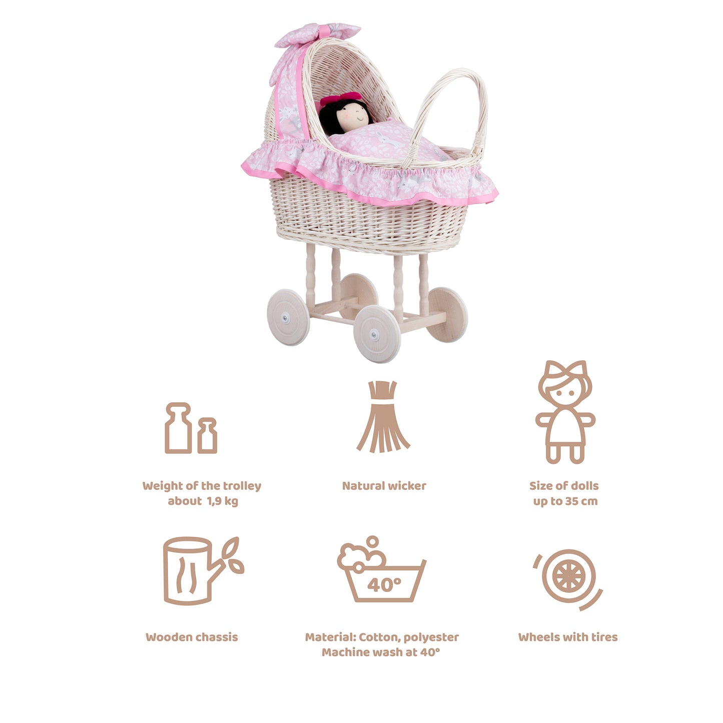 Lulu wiklinowy wózek dla lalek z różowym obszyciem, kołderką i poduszką TheWickerStories