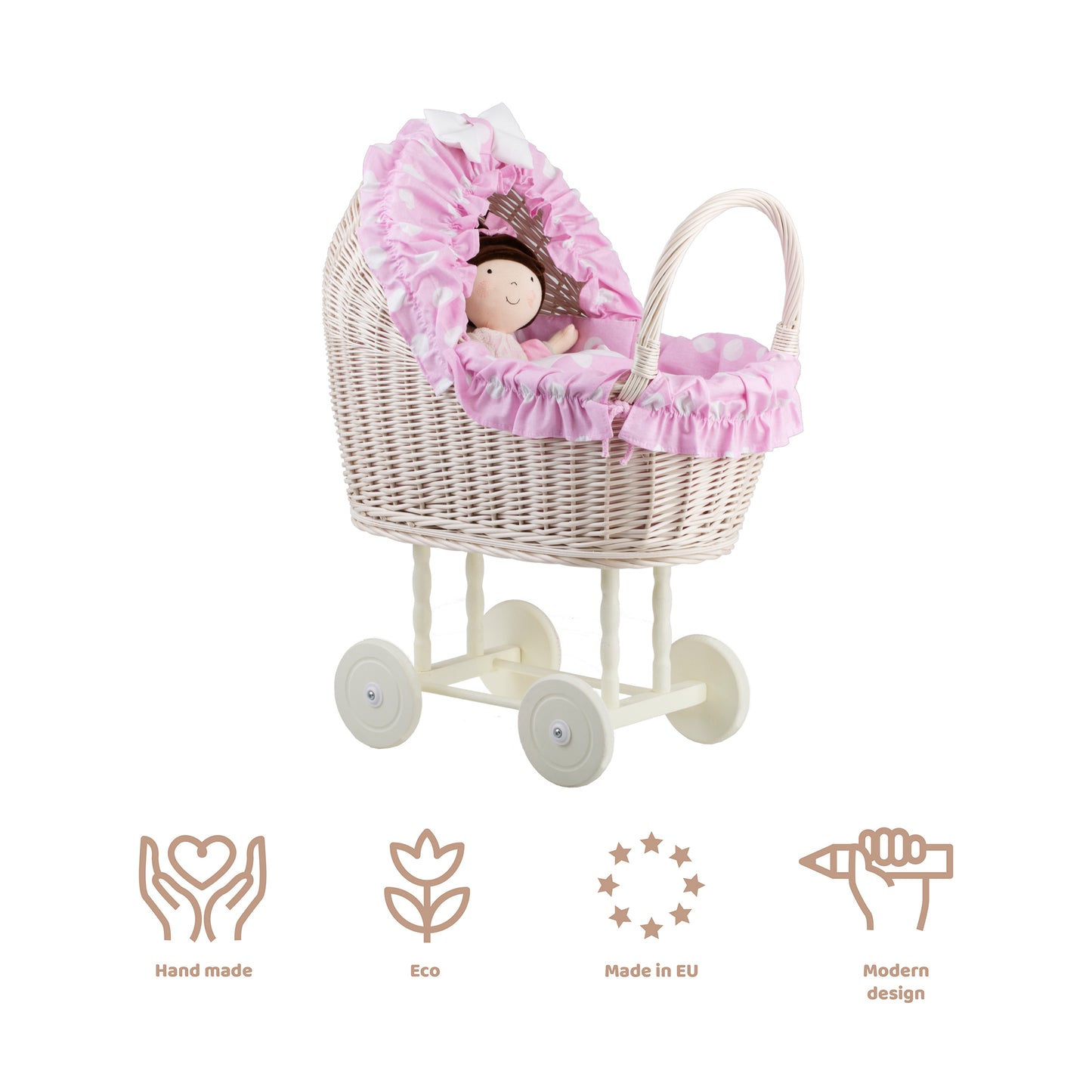 Lulu wiklinowy wózek dla lalek z różowym obszyciem, kołderką i poduszką TheWickerStories