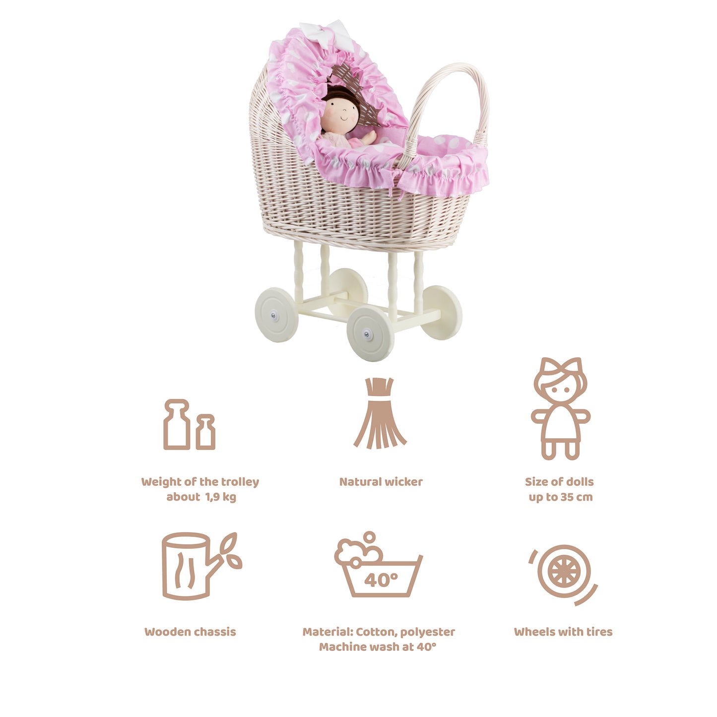 Lulu wiklinowy wózek dla lalek z różowym obszyciem, kołderką i poduszką TheWickerStories