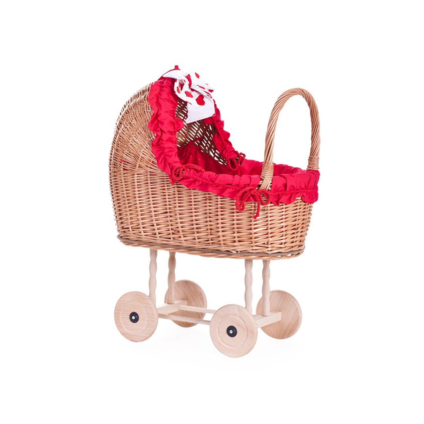 Lulu wiklinowy wózek dla lalek z czerwonym obszyciem, kołderką i poduszką TheWickerStories