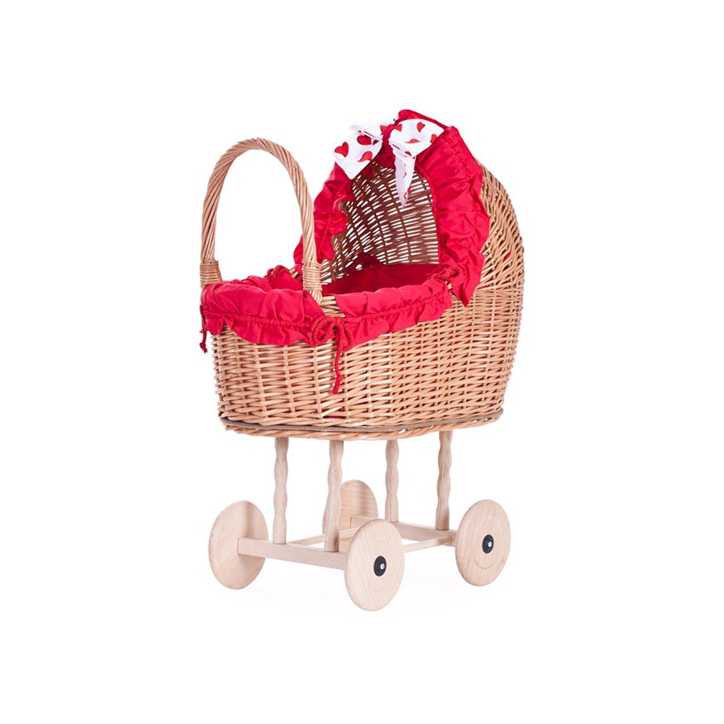 Lulu wiklinowy wózek dla lalek z czerwonym obszyciem, kołderką i poduszką TheWickerStories