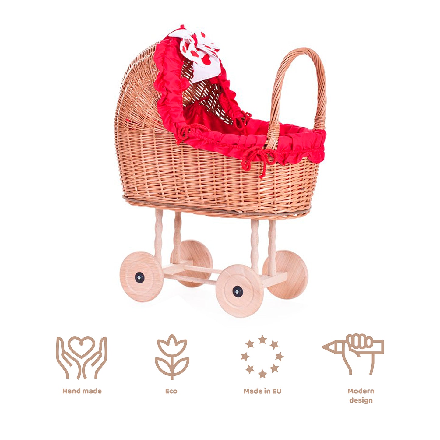 Lulu wiklinowy wózek dla lalek z czerwonym obszyciem, kołderką i poduszką TheWickerStories