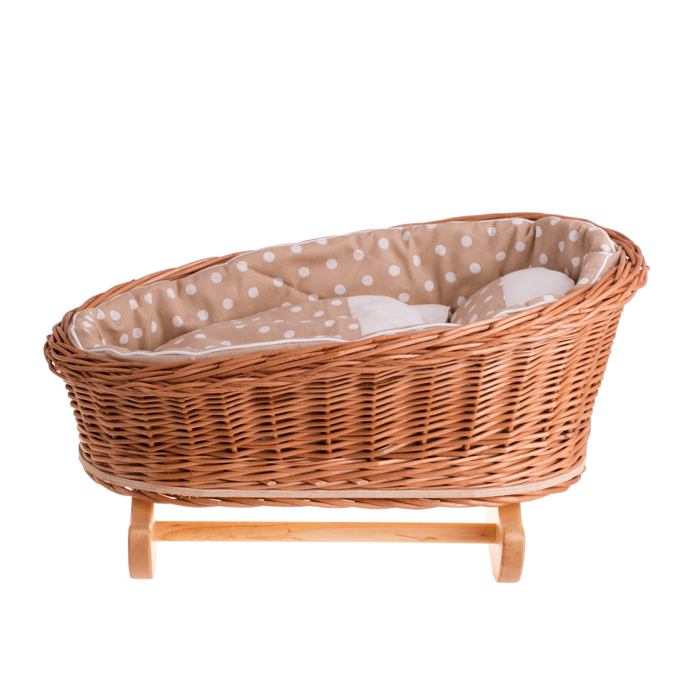 Mimi wiklinowa kołyska dla lalek z beżowym obszyciem, poduszką i kołderką TheWickerStories