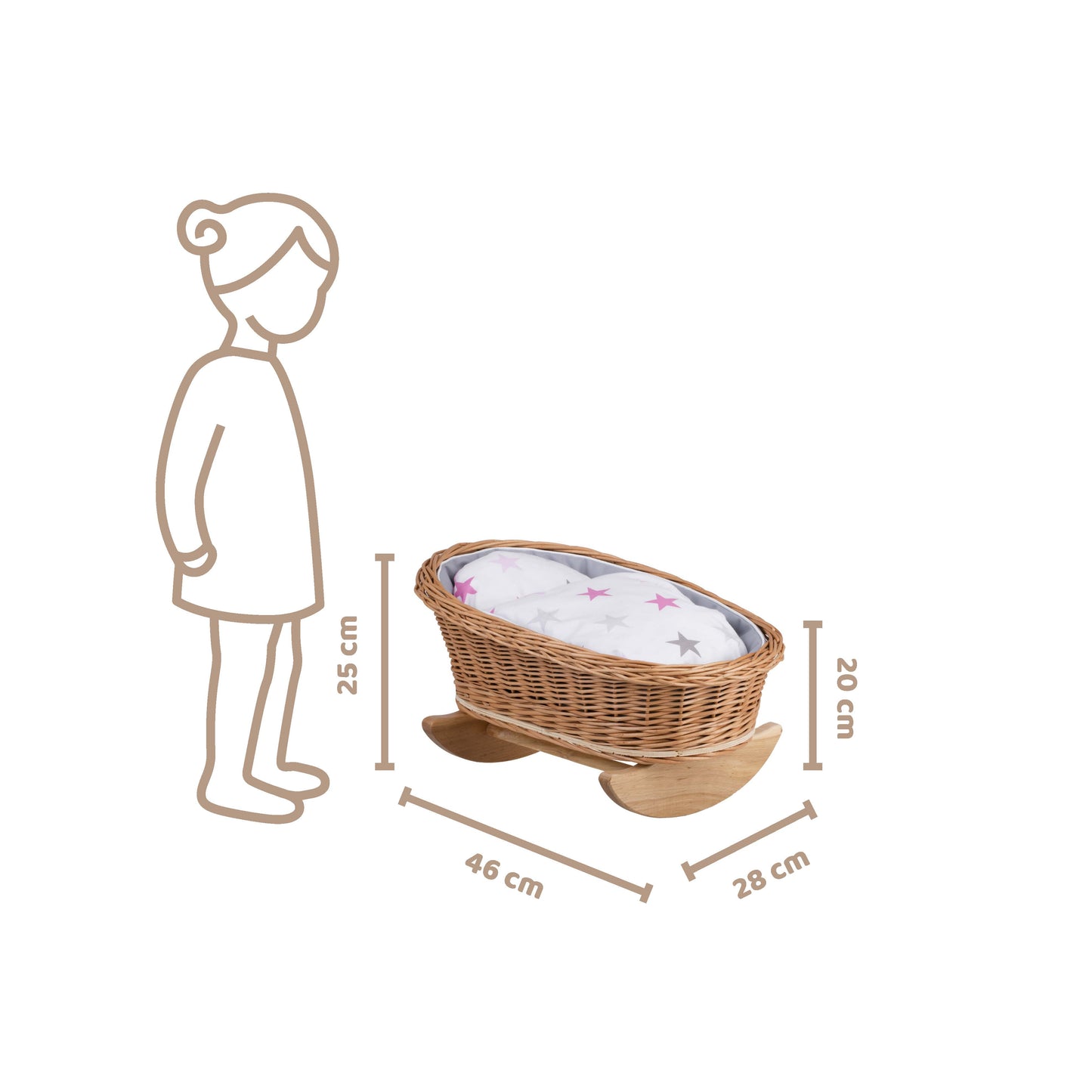 Mimi wiklinowa kołyska dla lalek z szarym obszyciem, poduszką i kołderką TheWickerStories