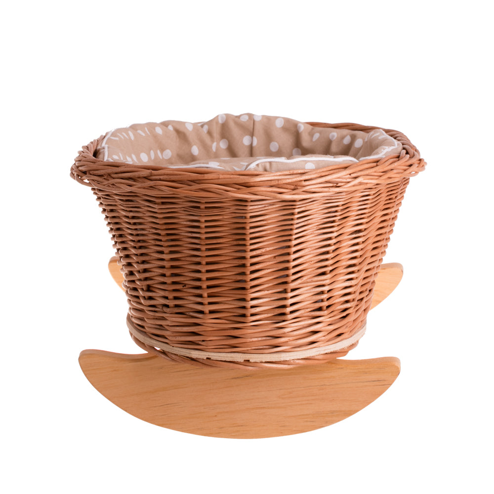 Mimi wiklinowa kołyska dla lalek z beżowym obszyciem, poduszką i kołderką TheWickerStories
