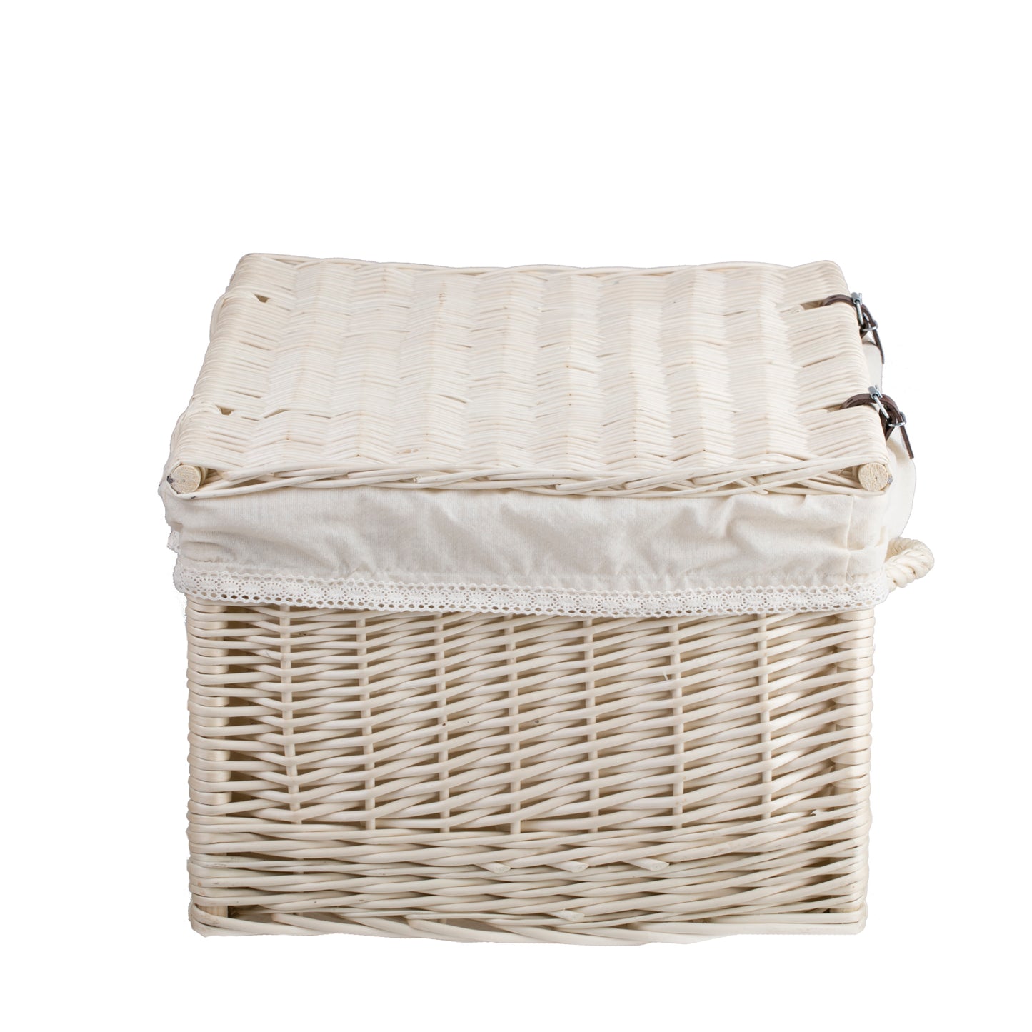 Viviana wiklinowa walizka z białym obszyciem, rączką i zamknięciem TheWickerStories