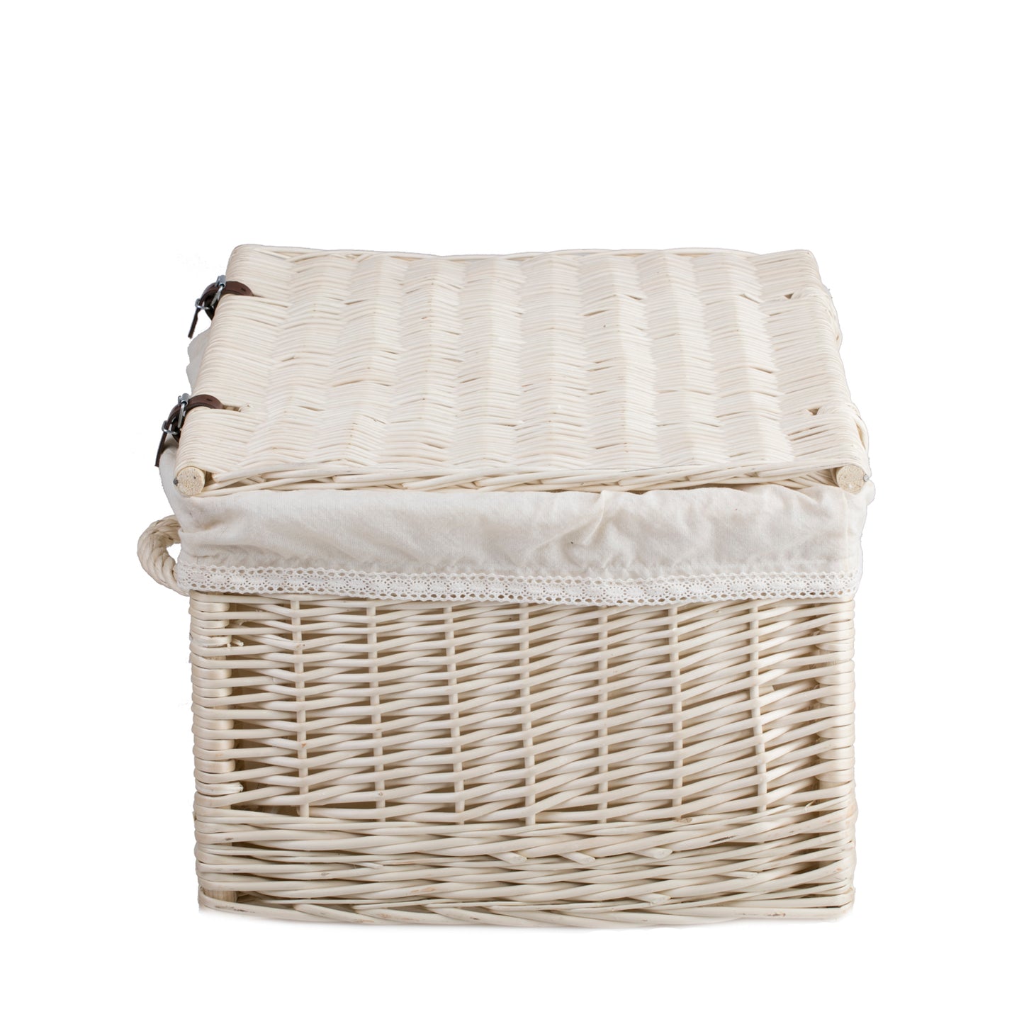 Viviana wiklinowa walizka z białym obszyciem, rączką i zamknięciem TheWickerStories