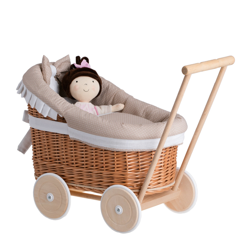 Luna wiklinowy wózek dla lalek z beżowym obszyciem, kołderką i poduszką TheWickerStories