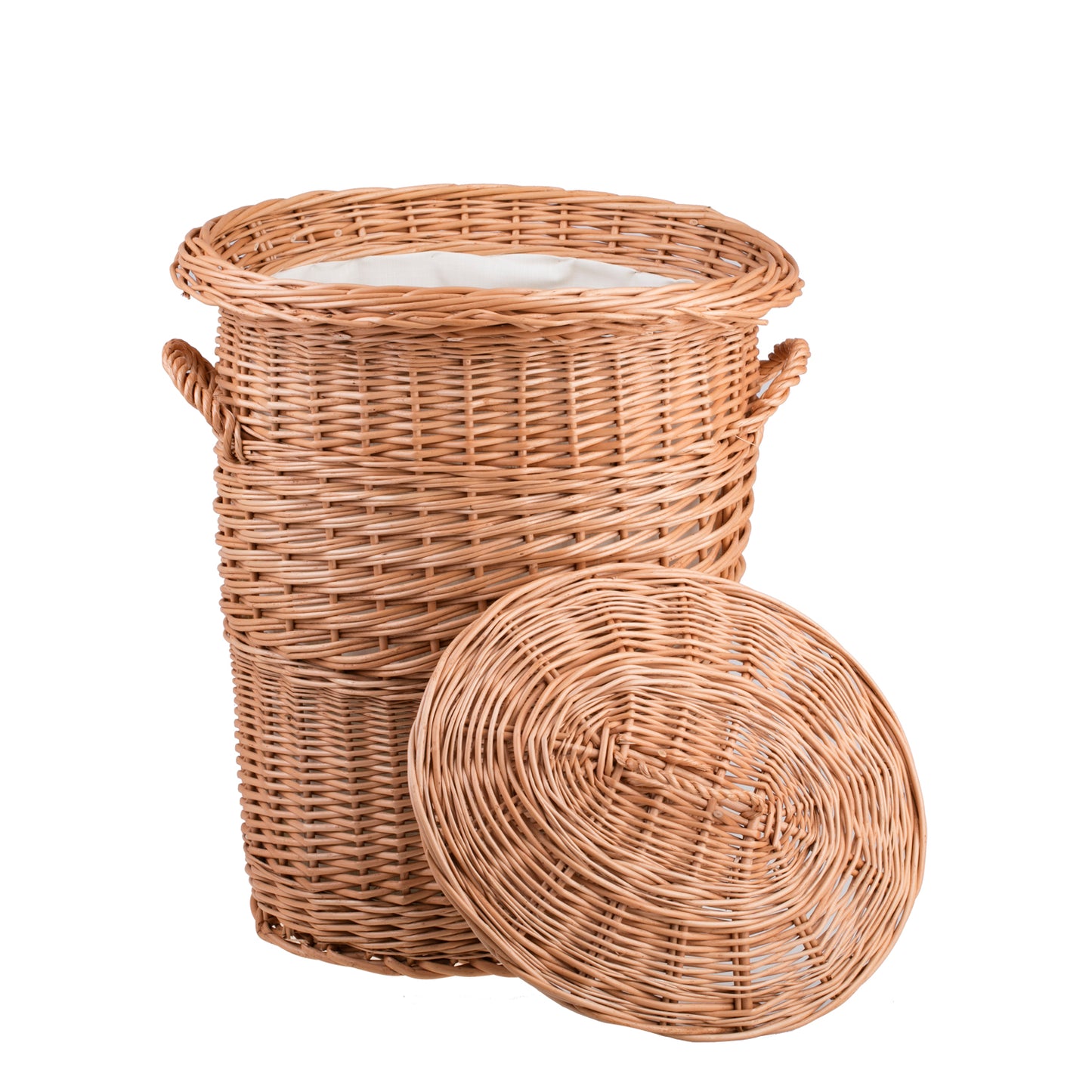 Mervina wiklinowy kosz na pranie z kremowym obszyciem, z pokrywą i uchwytami TheWickerStories