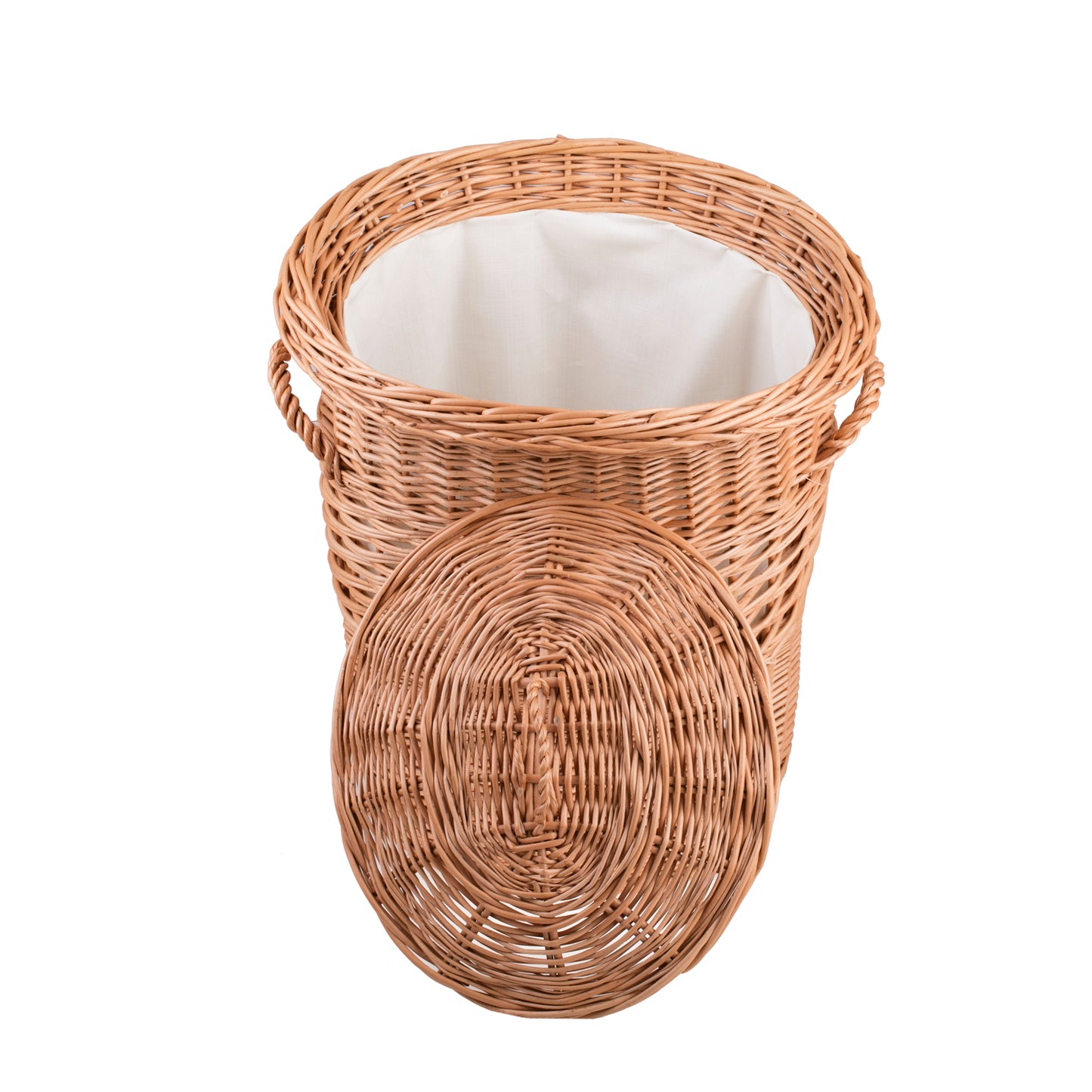 Mervina wiklinowy kosz na pranie z kremowym obszyciem, z pokrywą i uchwytami TheWickerStories