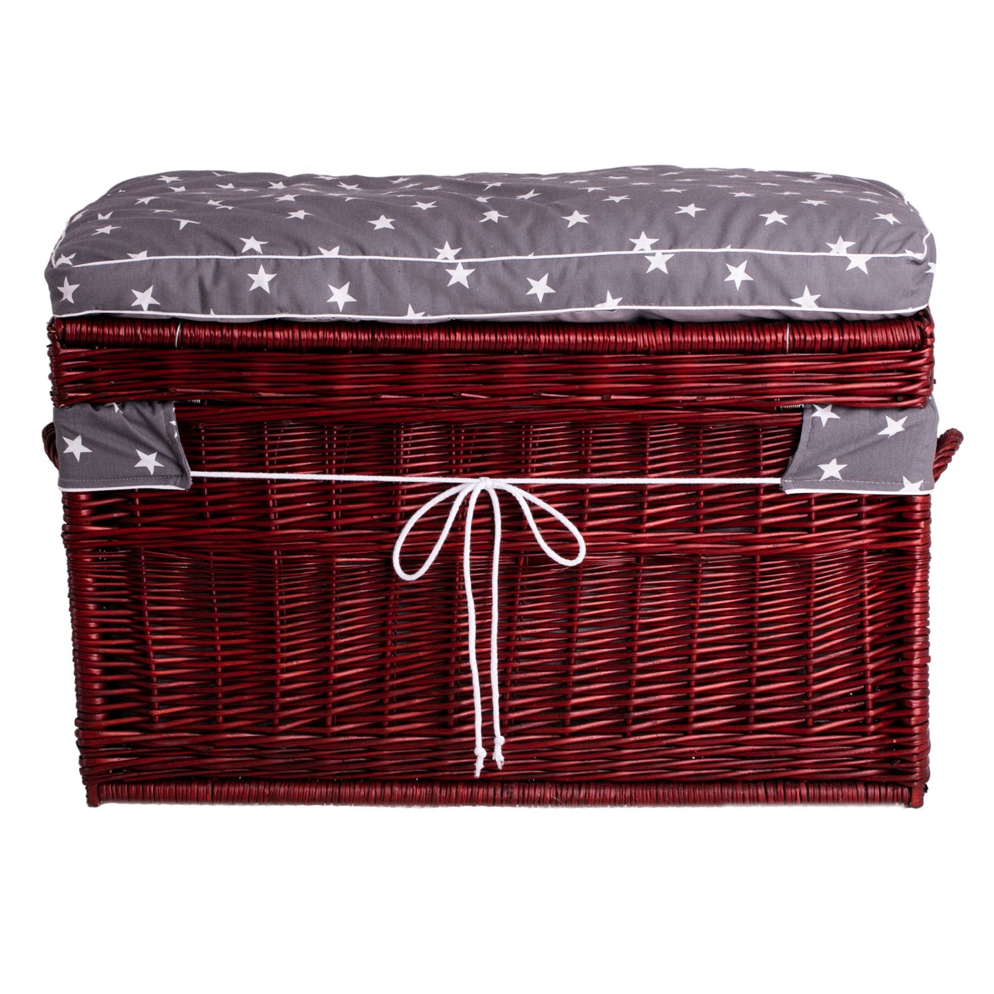 Kogia wiklinowy kosz z szarym obszyciem, poduszką, rączkami i wiekiem TheWickerStories