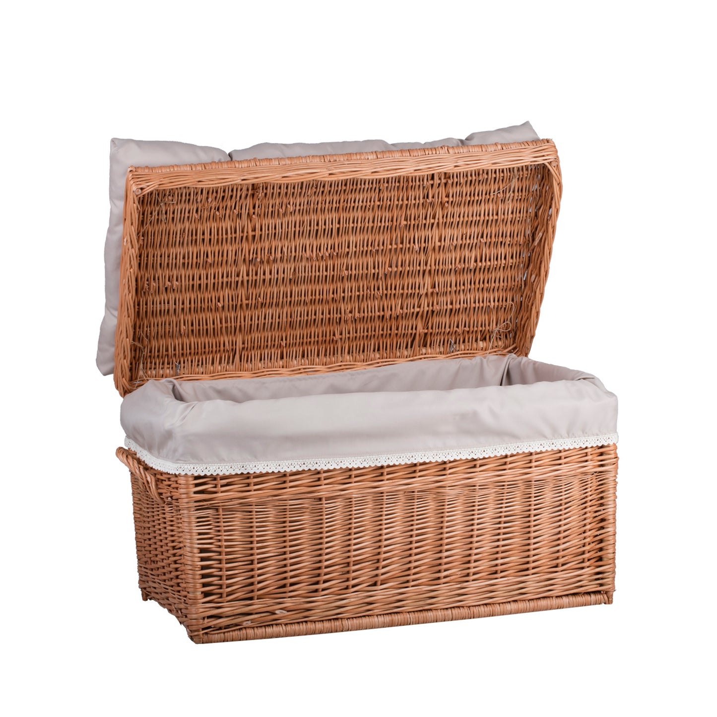 Kogia wiklinowy kosz z beżowym obszyciem, poduszką, rączkami i wiekiem TheWickerStories