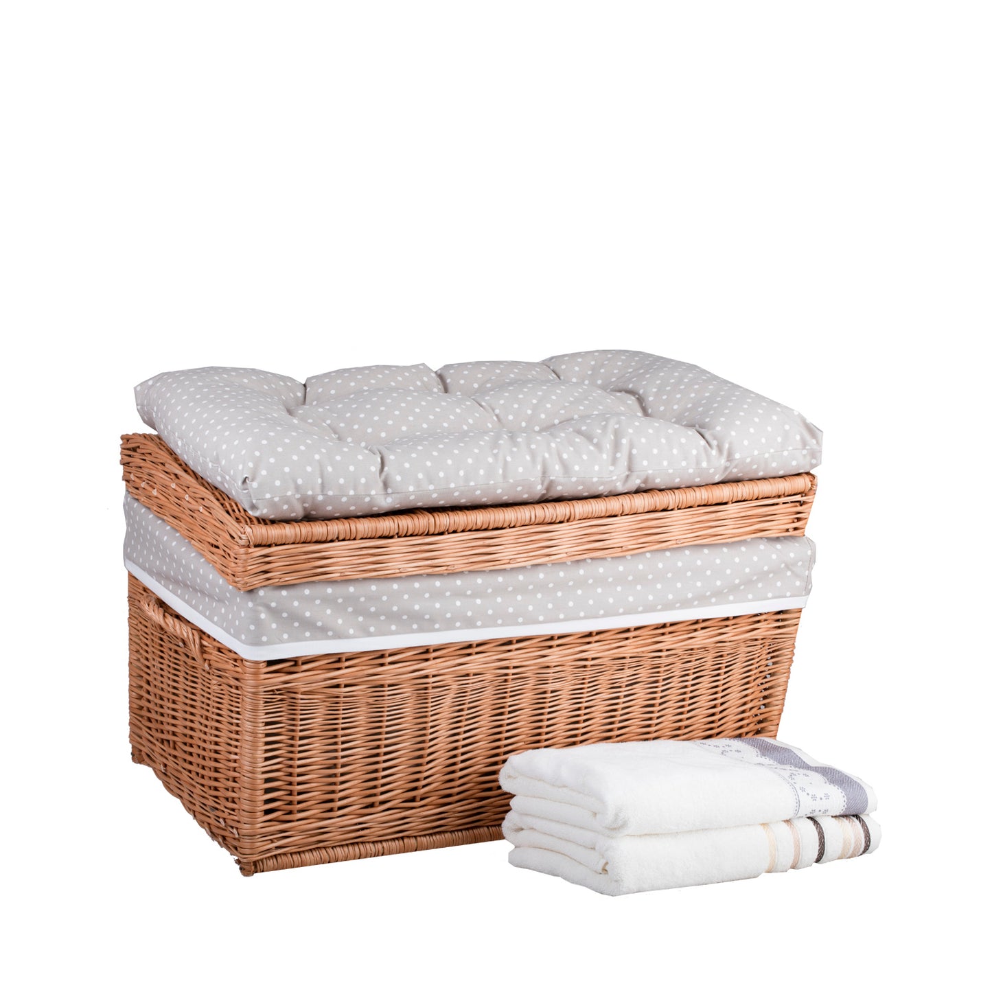 Kogia wiklinowy kosz z beżowym obszyciem, poduszką, rączkami i wiekiem TheWickerStories