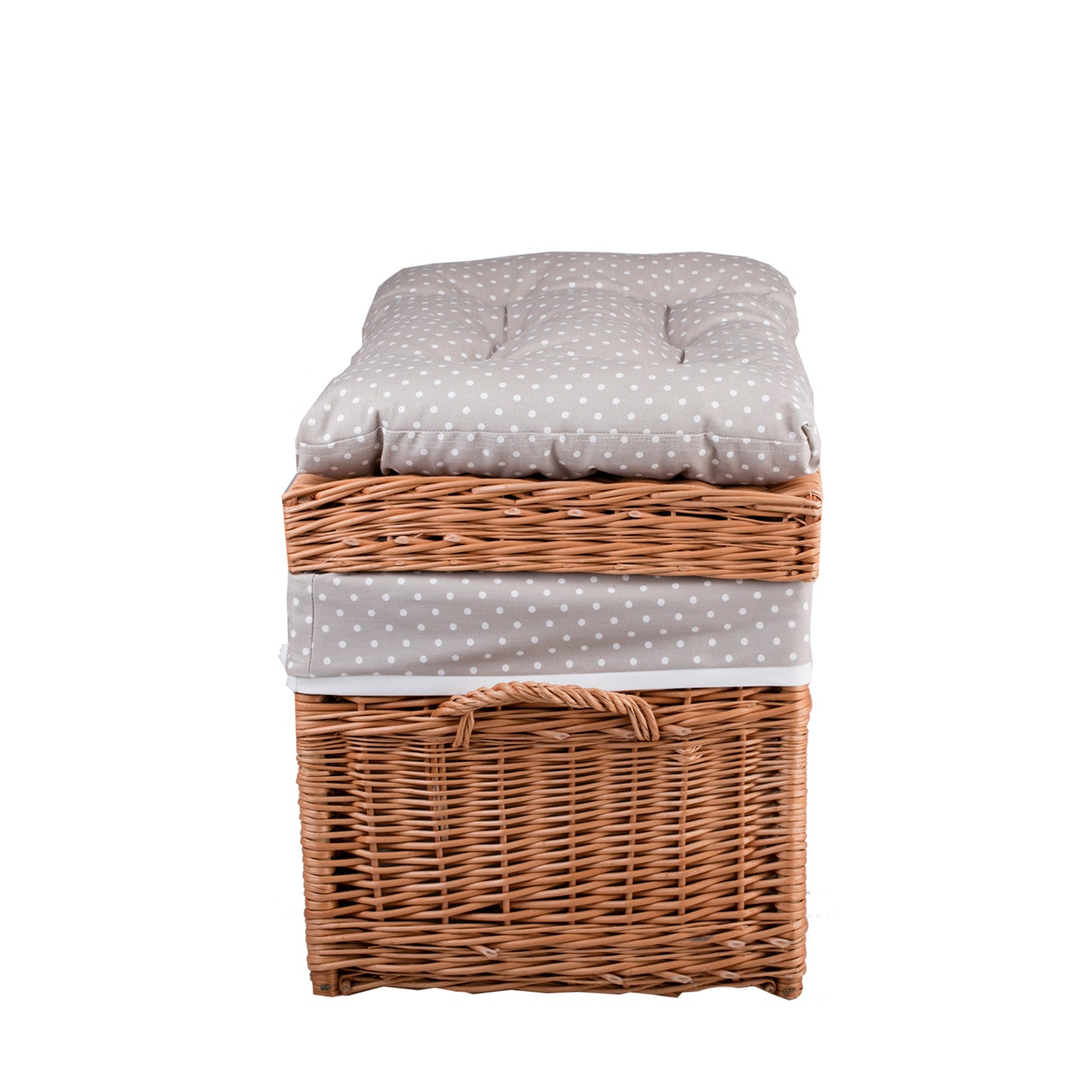 Kogia wiklinowy kosz z beżowym obszyciem, poduszką, rączkami i wiekiem TheWickerStories