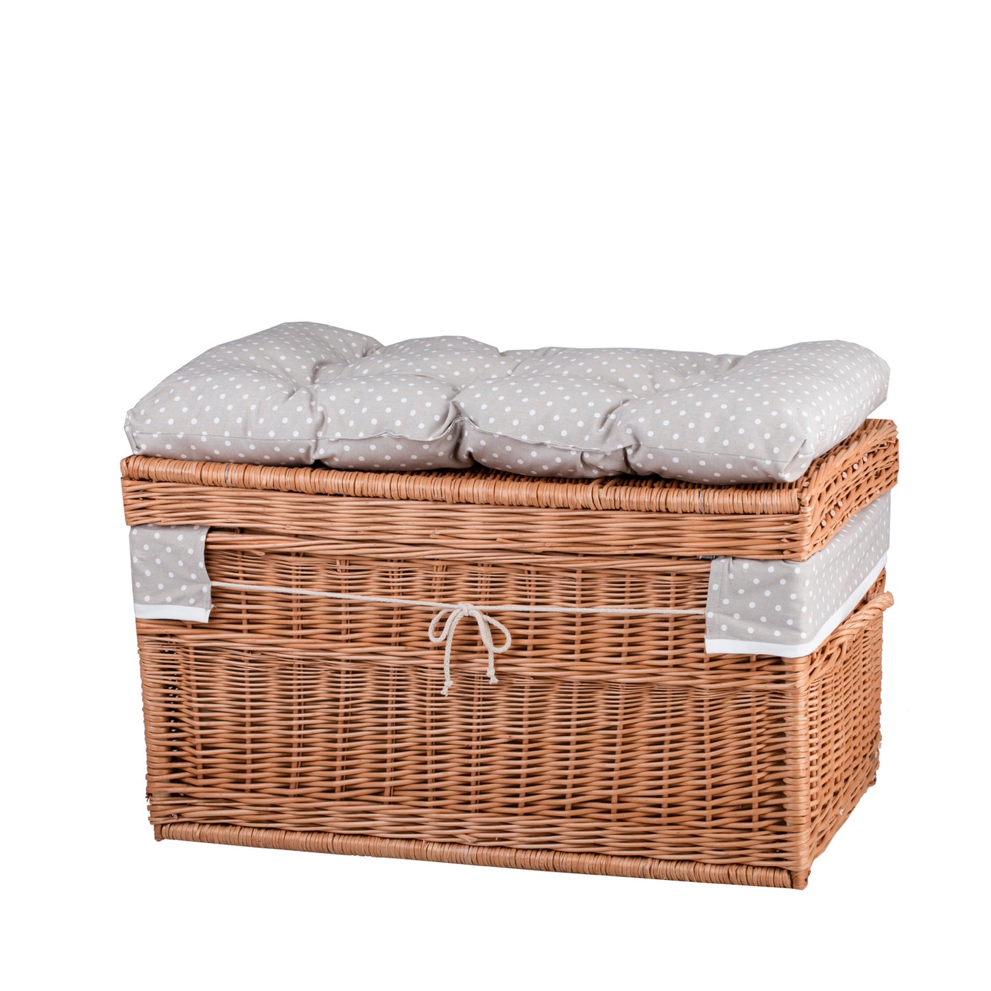 Kogia wiklinowy kosz z beżowym obszyciem, poduszką, rączkami i wiekiem TheWickerStories