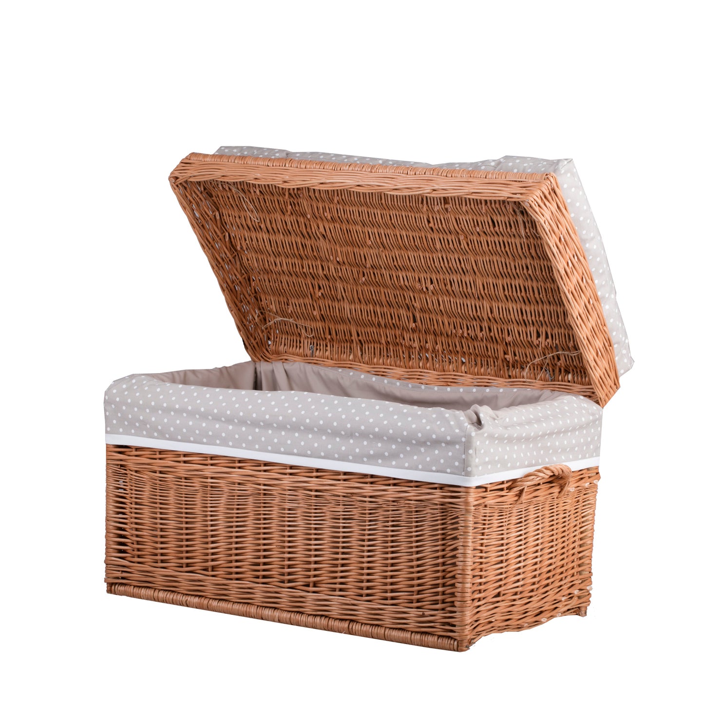Kogia wiklinowy kosz z beżowym obszyciem, poduszką, rączkami i wiekiem TheWickerStories