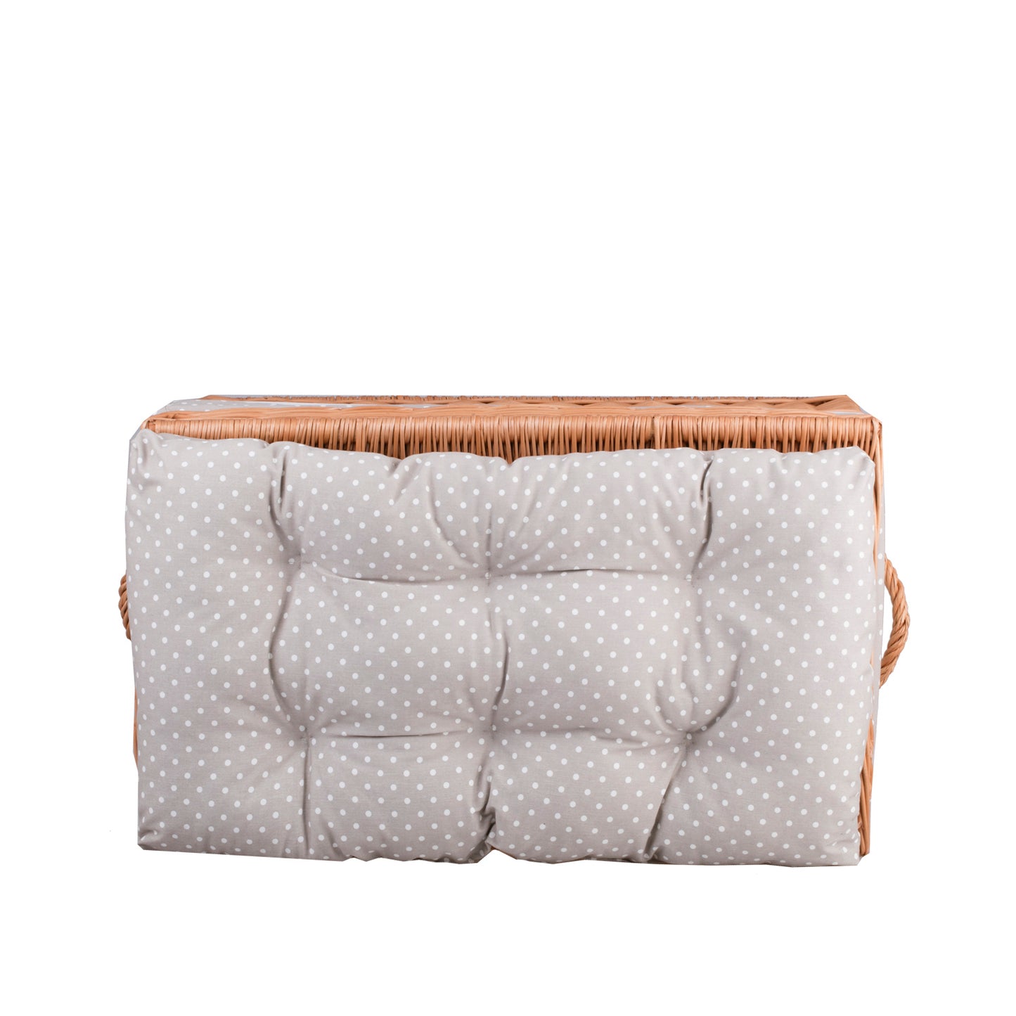 Kogia wiklinowy kosz z beżowym obszyciem, poduszką, rączkami i wiekiem TheWickerStories