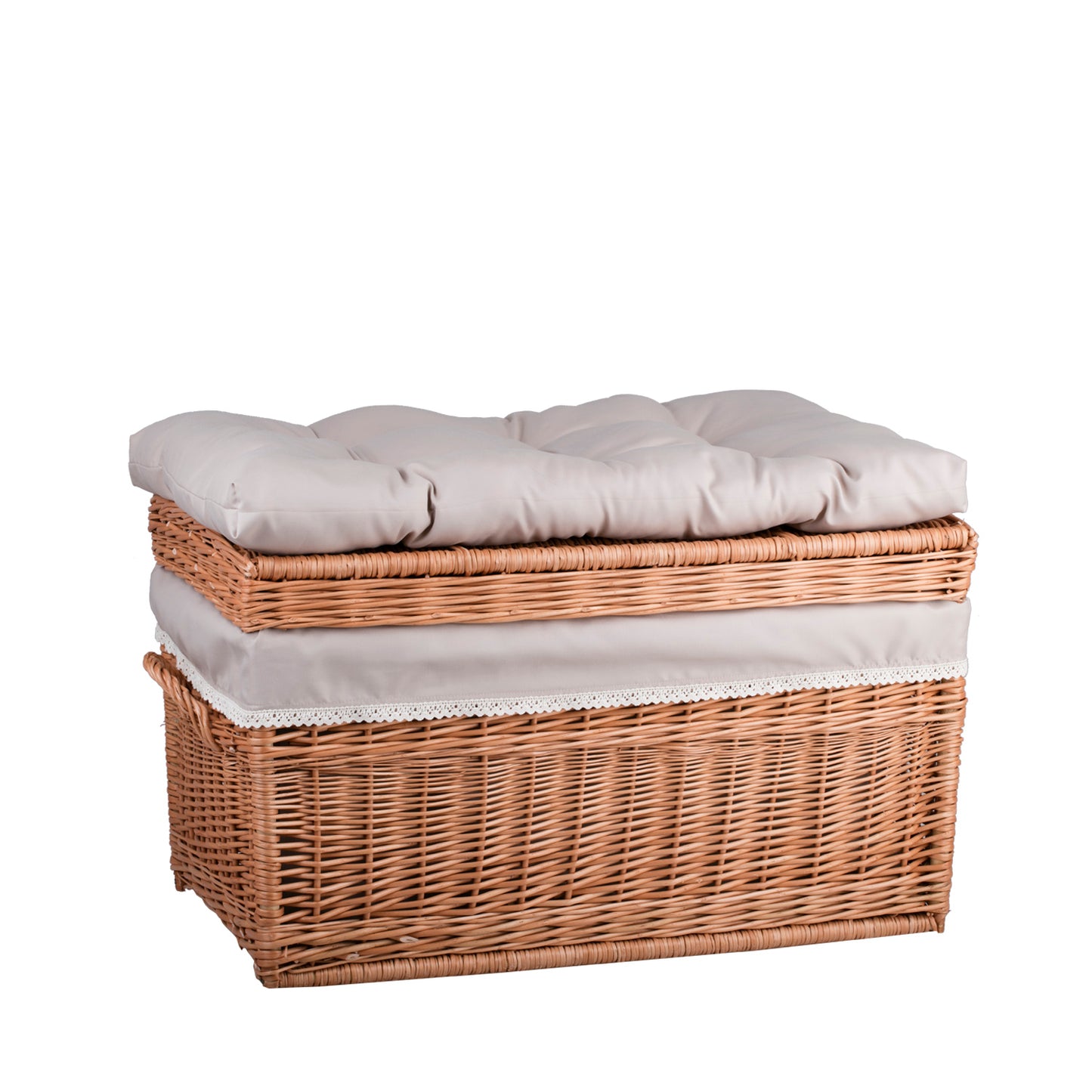 Kogia wiklinowy kosz z beżowym obszyciem, poduszką, rączkami i wiekiem TheWickerStories
