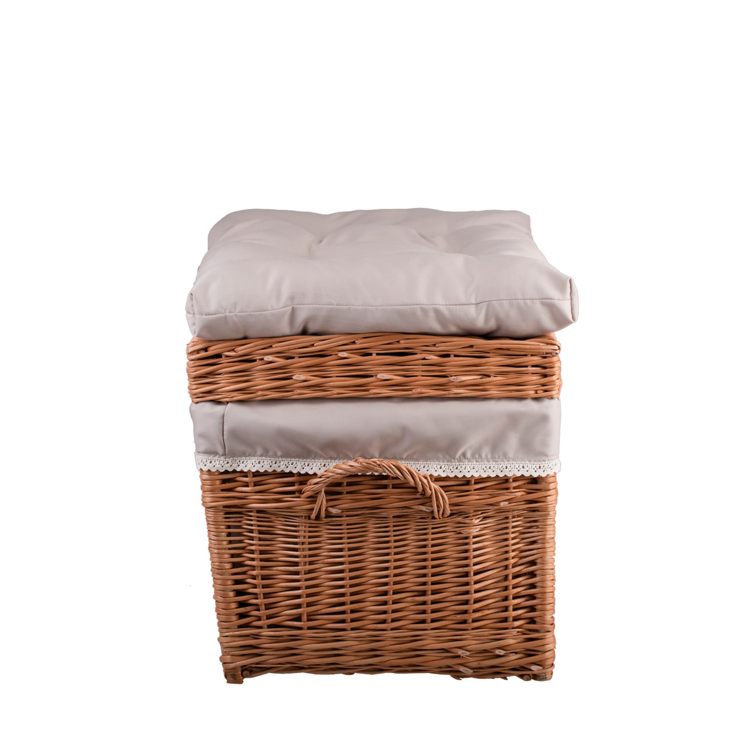 Kogia wiklinowy kosz z beżowym obszyciem, poduszką, rączkami i wiekiem TheWickerStories