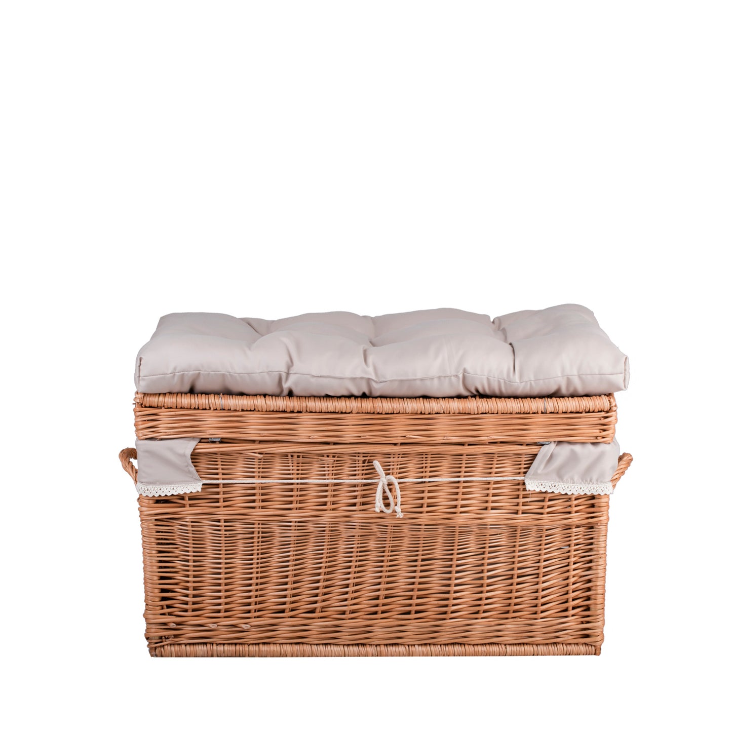 Kogia wiklinowy kosz z beżowym obszyciem, poduszką, rączkami i wiekiem TheWickerStories