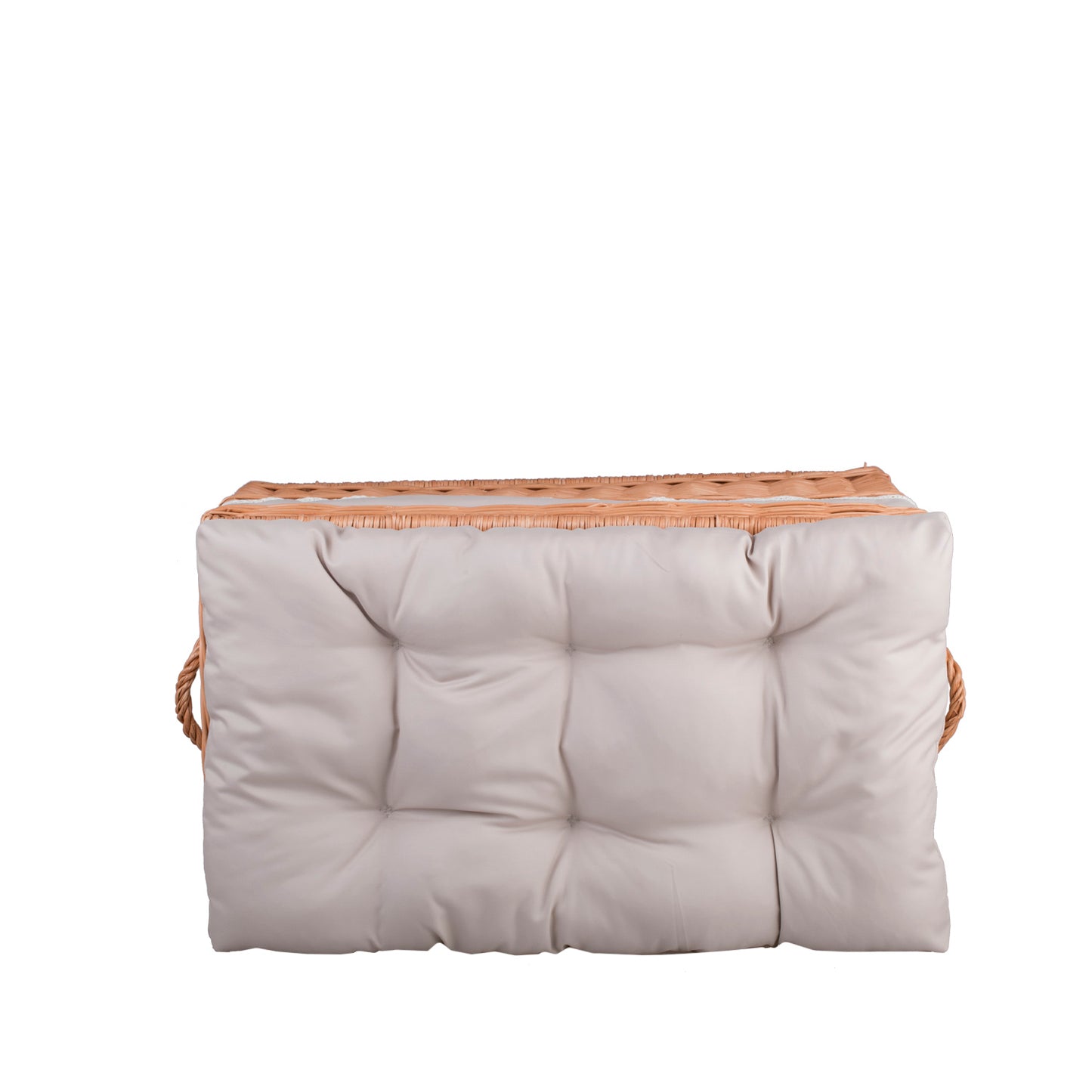 Kogia wiklinowy kosz z beżowym obszyciem, poduszką, rączkami i wiekiem TheWickerStories