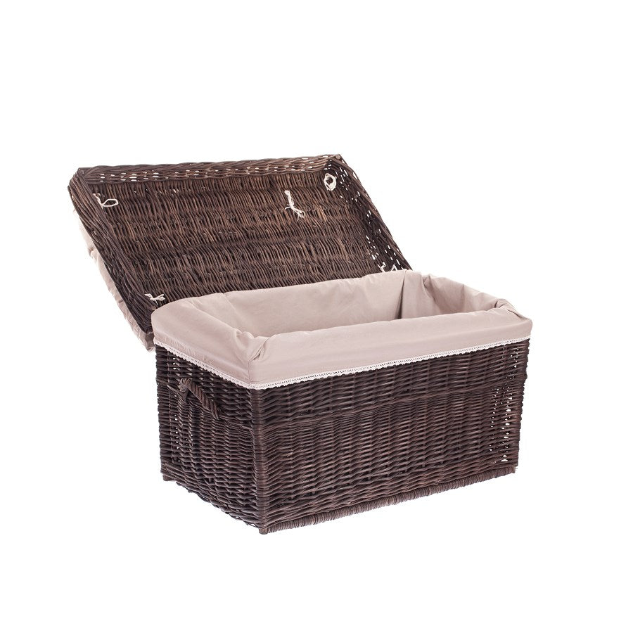 Kogia wiklinowy kosz z beżowym obszyciem, poduszką, rączkami i wiekiem TheWickerStories