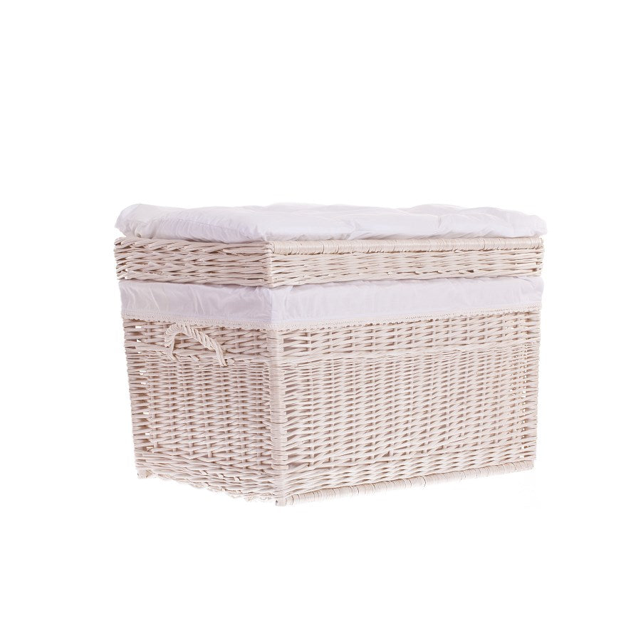 Kogia wiklinowy kosz z kremowym obszyciem, poduszką, rączkami i wiekiem TheWickerStories