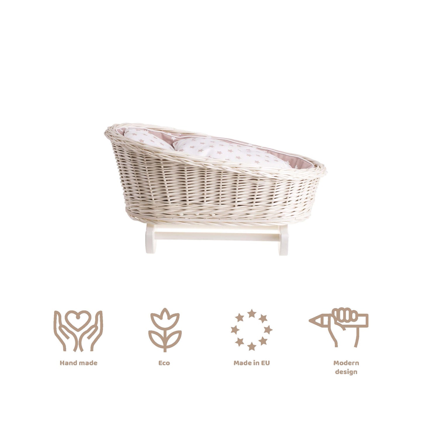 Mimi wiklinowa kołyska dla lalek z beżowym obszyciem, poduszką i kołderką TheWickerStories