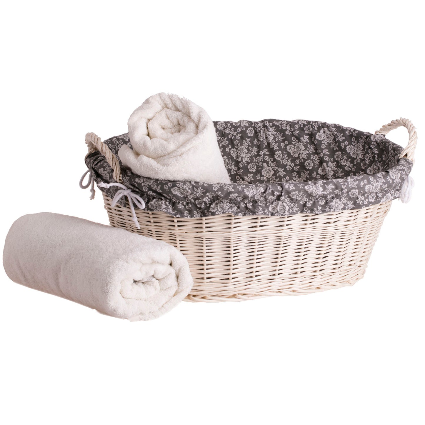 Milvus wiklinowy kosz z szarym obszyciem i uchwytami TheWickerStories