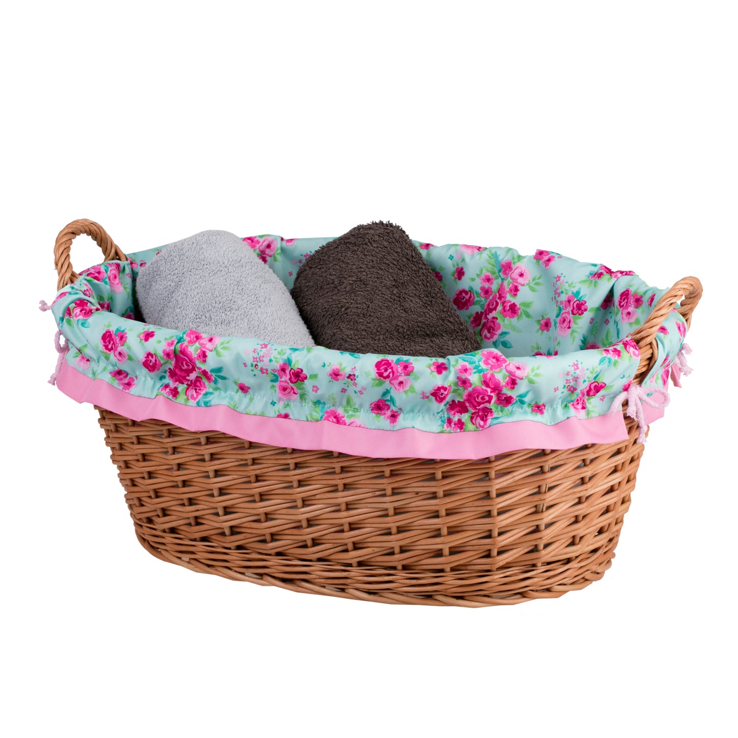 Milvus wiklinowy kosz z różowym obszyciem i uchwytami TheWickerStories