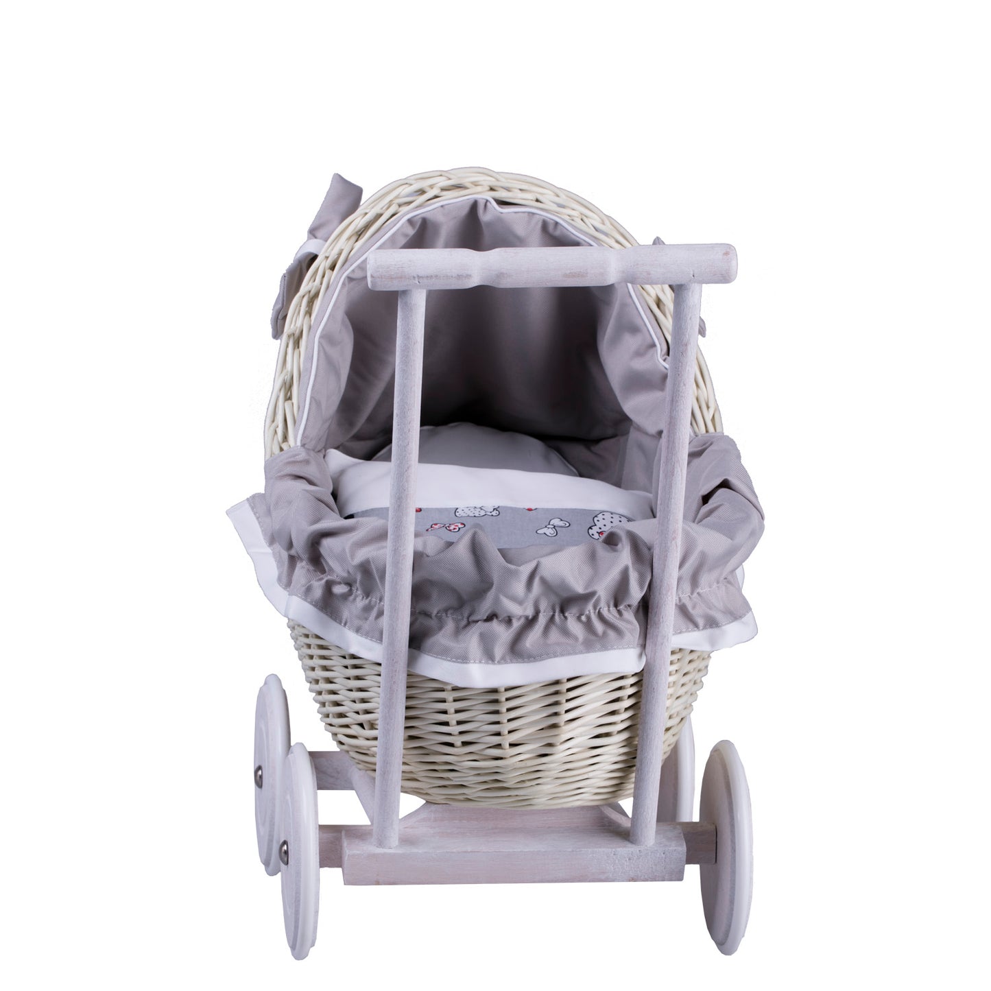 Lili wiklinowy wózek dla lalek z szarym obszyciem, kołderką i poduszką TheWickerStories