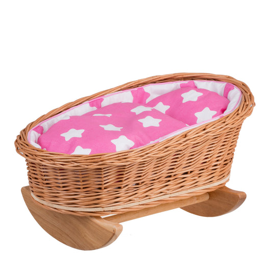 Mimi wiklinowa kołyska dla lalek z różowym obszyciem, poduszką i kołderką TheWickerStories