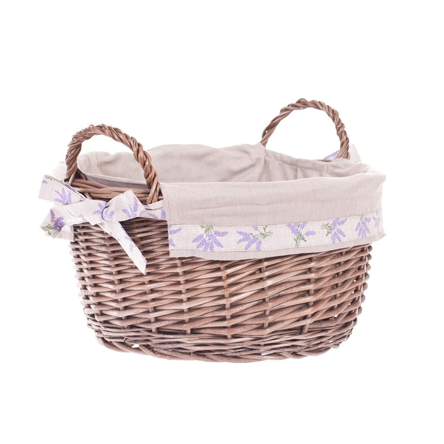 Marnel wiklinowy kosz do przechowywania na drobiazgi i kwiaty z beżowym obszyciem, z uchwytami TheWickerStories
