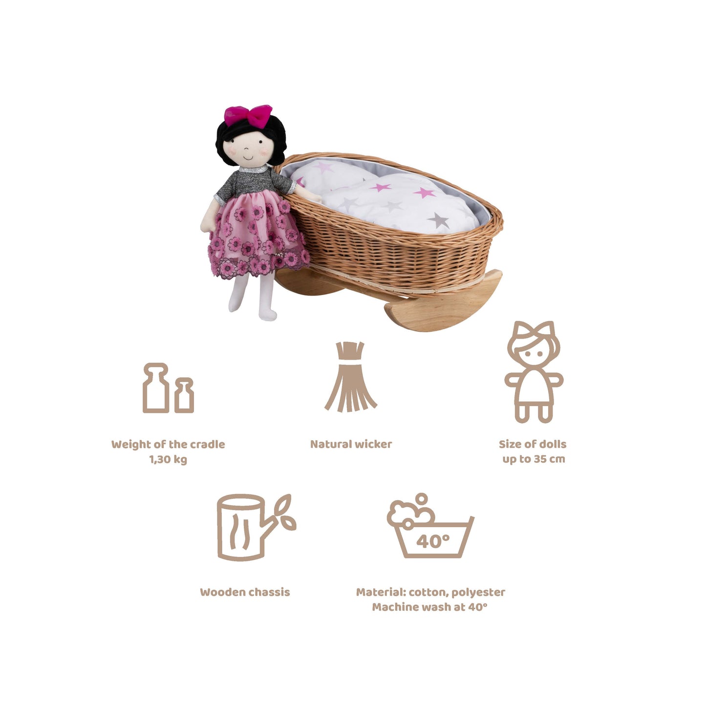 Mimi wiklinowa kołyska dla lalek z szarym obszyciem, poduszką i kołderką TheWickerStories