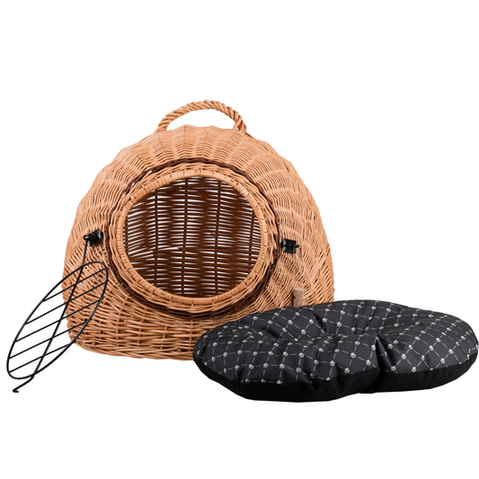 Tactus wiklinowy domek dla kota z poduszką, uchwytem i drzwiczkami TheWickerStories