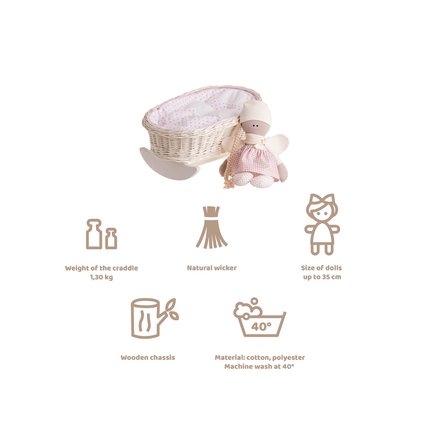 Mimi wiklinowa kołyska dla lalek z personalizacją, różowym obszyciem, poduszką i kołderką TheWickerStories